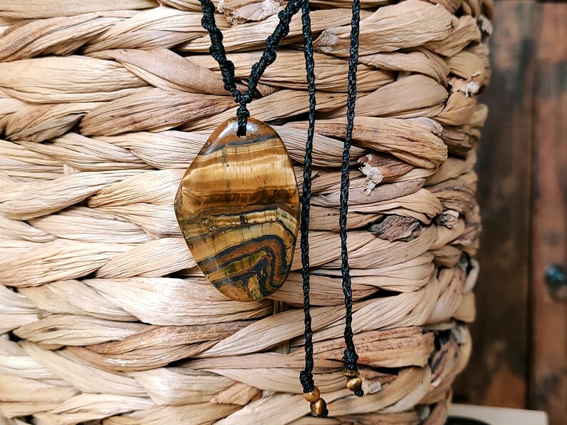 large mens tigers eye necklace, adjustable tiger iron pendant, protective talisman for him, waterproof wax cord macrame gemstone necklace image 5