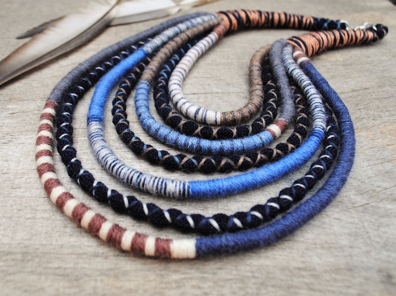 yarn and fabric jewelry for bohemian women unique eco gifts hand woven multi rope african necklace native tribal style necklace