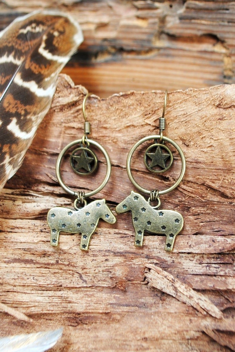Cute horse earrings bronze star hoop earrings with charm Etsy