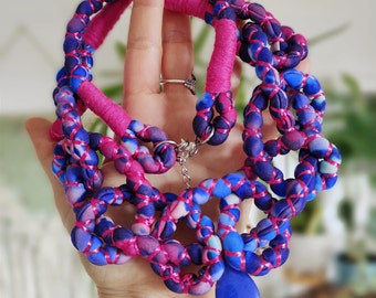 navy blue neon pink chunky necklace with jade, bright colorful rope knot necklace, statement necklace for women boho, macrame fabric jewelry