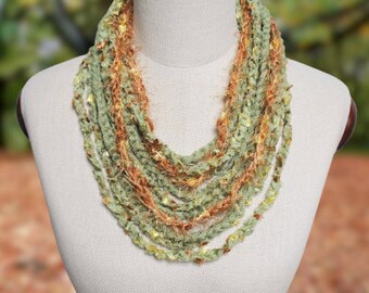 art yarn autumn necklace, green fabric necklace, crochet statement fiber necklace, artsy bohemian jewelry, 70th birthday gift for grandma