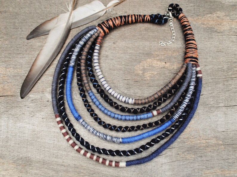 yarn and fabric jewelry for bohemian women unique eco gifts hand woven multi rope african necklace native tribal style necklace