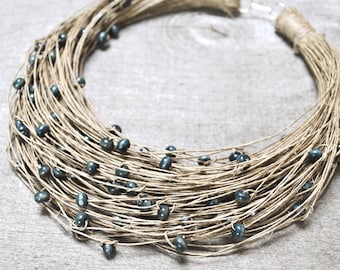 Boho Linen Multistrand Necklace: Navy Blue Wood Beaded Collar, Vegan Statement Jewelry, Slow Fashion