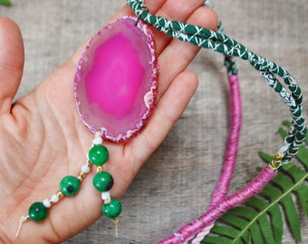 long fabric necklace with ruby zoisite pendant, ooak large fuschia pink agate slice necklace, macrame crystal necklace, mothers day gift