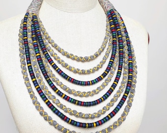 Long Statement Ethnic necklace, Chunky African Fabric Necklace for Women, Handmade Woven Tribal jewelry