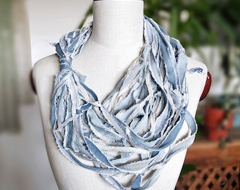 frayed light blue denim scarf necklace for all season, long statement fabric necklace for boho women, unisex summer festival accessories