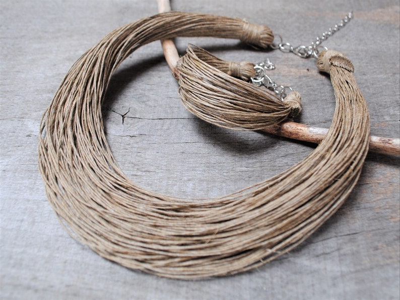 natural raw linen cord bib necklace, rustic style beige simple necklace, earth friendly minimalist jewelry, bio birthday gift for mom image 5