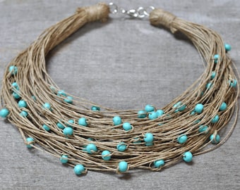 organic linen cord necklace with small wooden beads, turquoise beaded necklace for women, wood boho jewelry, 70th birthday gift idea for her