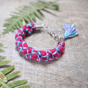 Colorful Woven Textile Bracelet: Upcycled Boho Braided Fabric Cuff, Hippie cloth bracelet, Sustainable