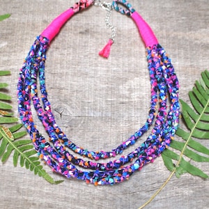 Boho Pom Pom Textile Necklace: Multicolor Fabric Statement Jewelry