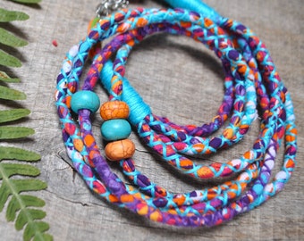 colorful rope necklace with howlite stone, bright multicolor statement necklace for women boho, ethnic fabric jewelry for crystal lover