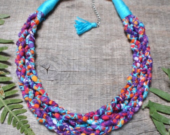 bright colorful braided rope necklace, multicolor statement fabric necklace for women, cotton textile necklace, summer tropical cloth jewel