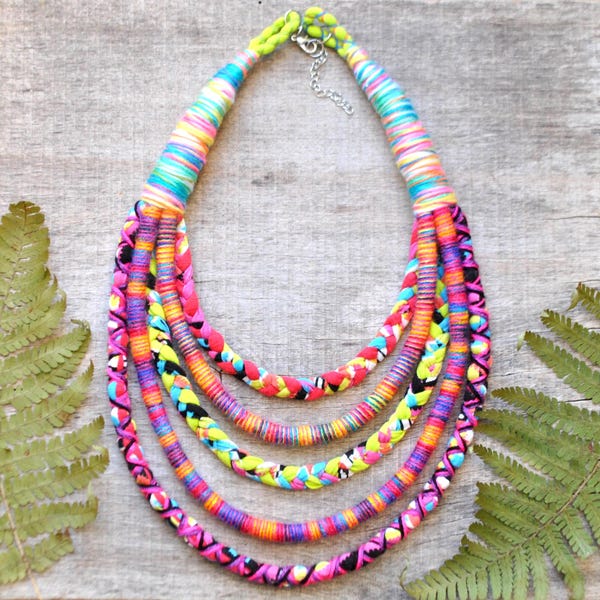 Neon pink statement fabric necklace, colored chunky multistrand textile necklace, colorful ethnic jewelry
