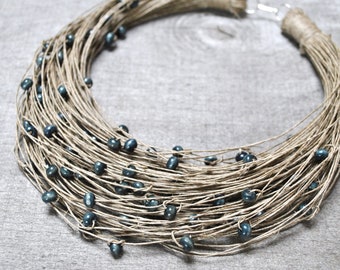 mehrstrangige boho kette für frauen, marineblaue kette mit perlen, handgemachte geschenk kette, handgemachte kette mit holzperlen, handgemachte kette mit perlen