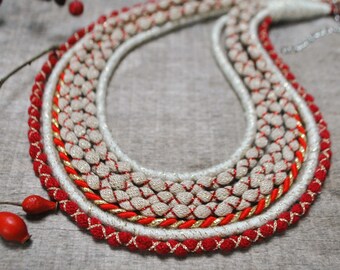 shiny ethnic christmas necklace, woven layered boho fabric necklaces, gold and red necklace for winter season, statement textile jewellery