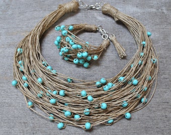 natural linen jewelry set, wooden turquoise beaded necklace & fabric cord cuff bracelet, vegan statement jewelry, handmade mothers day gift