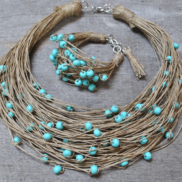 natural linen jewelry set, wooden turquoise beaded necklace & fabric cord cuff bracelet, vegan statement jewelry, handmade mothers day gift