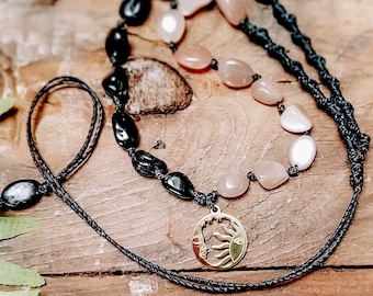 sun moon stars necklace gem, sunstone and black tourmaline stone necklace for protection, magical protective talisman, adjustable waterproof