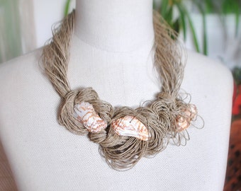 natural linen cord seashell necklace, whimsical mermaid necklace, supernatural jewelry, tropical summer accessories, beach lover gift