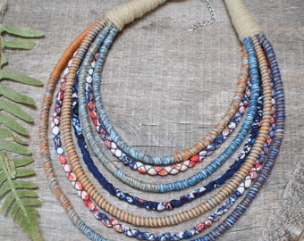 collar de cuerda colorido de inspiración étnica, collar de tela africana, collares de declaración textil ankara para mujeres, joyería boho sin desperdicio