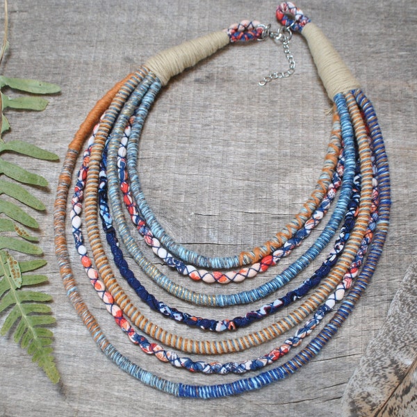 collar de cuerda colorido de inspiración étnica, collar de tela africana, collares de declaración textil ankara para mujeres, joyería boho sin desperdicio