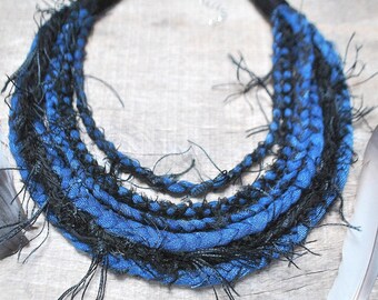 upcycled denim necklace with fringe, fabric statement necklace for women boho, navy blue recycled textile necklace, repurposed cloth jewelry