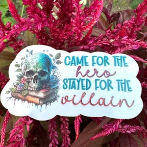May include: A white sticker with a skull and crossbones design and the text "Came for the hero stayed for the villain". The skull is green and blue with a floral design around it. The text is in a teal blue color.