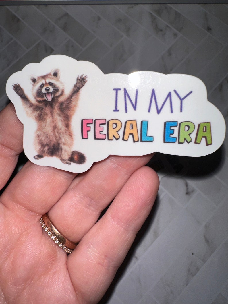 May include: A white sticker featuring a cartoon raccoon with its arms raised and the text "In My Feral Era" in rainbow colours.