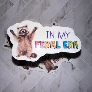 May include: A sticker featuring a cartoon raccoon with the text "In My Feral Era" in rainbow colours.