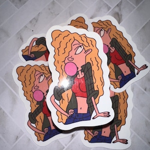 May include: A set of five stickers featuring a cartoon character with long blonde hair, wearing a red crop top, a black and green plaid jacket, blue jeans, and blowing a pink bubble.