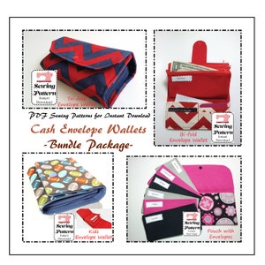 May include: A collection of cash envelope wallets in various styles and patterns. The image showcases a tri-fold wallet with a red and navy chevron design, a bi-fold wallet, a kids envelope wallet, and a pouch with envelopes. The text reads "PDF Sewing Patterns for Instant Download Cash Envelope Wallets - Bundle Package."