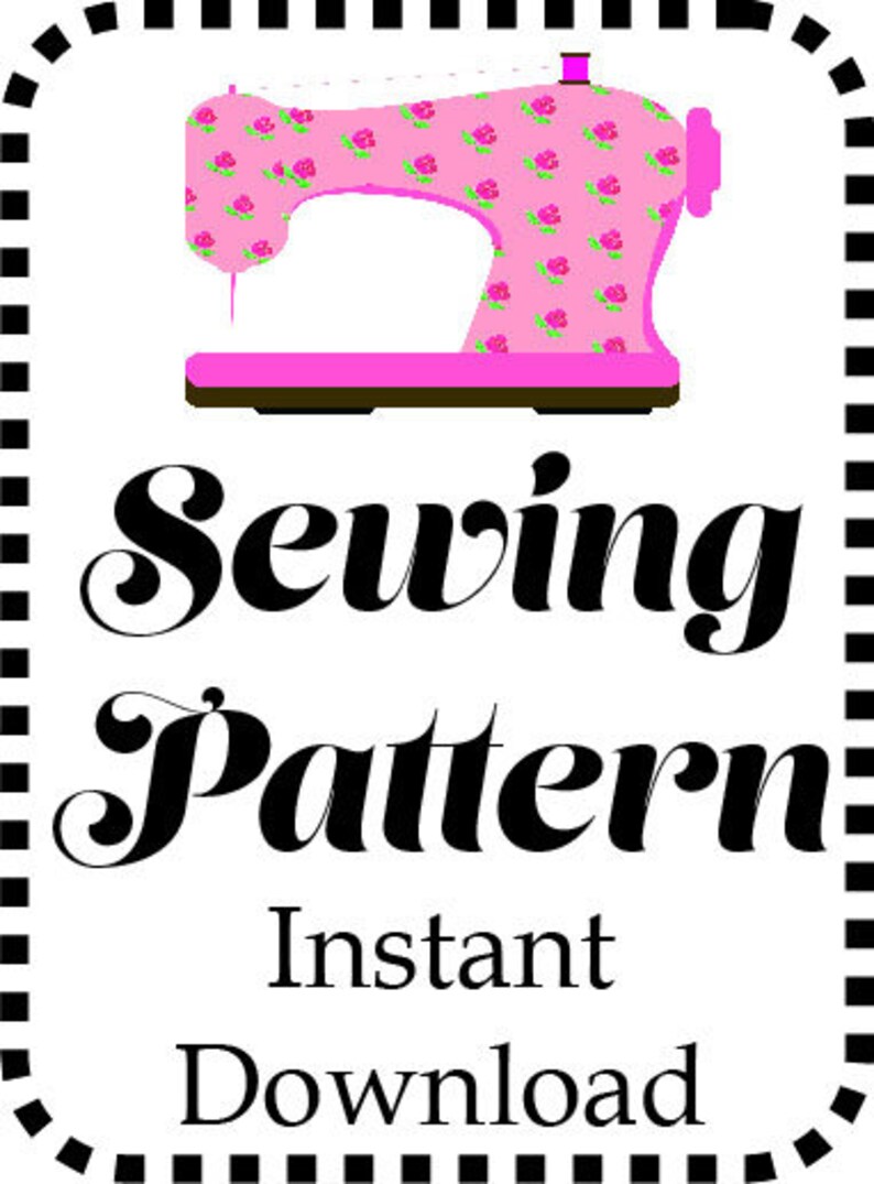 Puede incluir: Una m&aacute;quina de coser rosa con un patr&oacute;n floral se muestra sobre un fondo blanco con rayas negras y blancas alrededor del borde. El texto "Sewing Pattern Instant Download" est&aacute; debajo de la imagen.