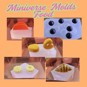 May include: An orange and white taco, chocolate chips, yellow heart and flower shapes, and a croissant are displayed. The image is labeled "Miniverse Molds Food" in a pink and green font. The food items are in small, clear containers.