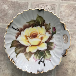 Yellow Rose Lefton China Bowl Hand painted, Gold trim