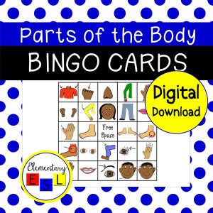 May include: A printable bingo card with images of different parts of the body, such as a nose, eyes, feet, and hands. The card says "Parts of the Body Bingo Cards" at the top and "Free Space" in the center. The text "Digital Download" is on a yellow circle.