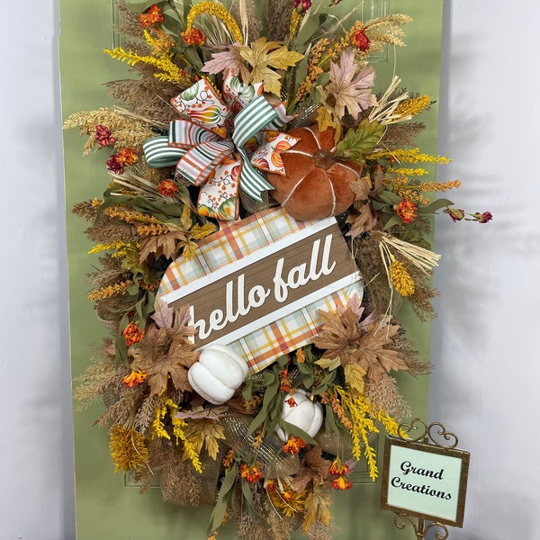 Hello Fall Wooden Sign Extra Large Velvet Orange Cream Pumpkin Wheat Boxwood Ficus Grass Multi Ribbon Bow oak leaves Swag Wreath Door Hanger