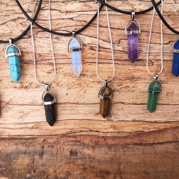 Crystal Necklace, Natural, Gemstone, Healing, Pendant, Charm, Protection, Handmade,Yoga,Leather,Stone,Pillar,Silver,Gift,Jewellery,Christmas