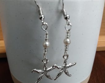 Silver Starfish Dangle Earrings: Pearl & Seed Bead Accents