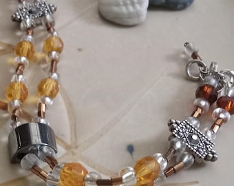 Vintage Silver Shimmer Necklace: Orange Crystal, Hematite Stone