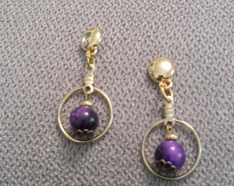 Gold Plated Hoop Earrings: Purple Tiger's Eye Bead, Nickel-Free Post