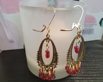 Antique Gold Filigree Earrings: Red Brown Seed Beads, Nickel-Free