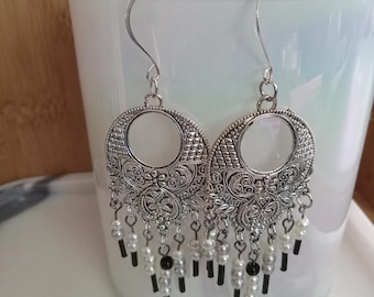 Silver Scrollwork Earrings: Pearl & Black Drops