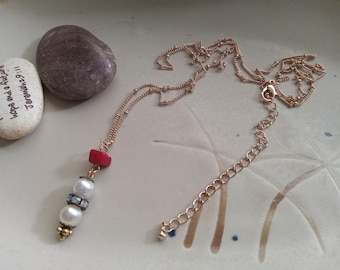 Red Bamboo Coral Necklace: Gold Plated Chain, Faux Pearl Charm