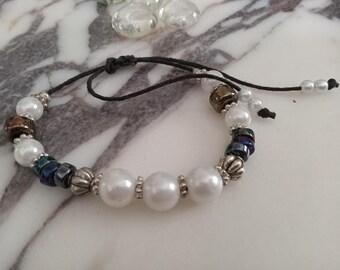 Pearl & Sterling Silver Hemp Bracelet: Adjustable Boho Jewelry
