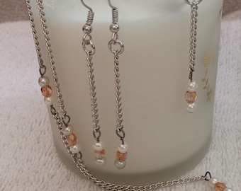 Peach Bead & Faux Pearl Necklace Earring Set: Lightweight Silver Jewelry