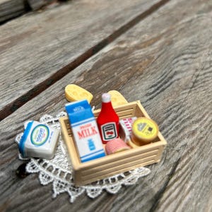 home delivery grocery crate - extra tiny, 1/12 scale supermarket miniature shop produce -  milk, butter, yoghurt, icecream,cheese, crate etc