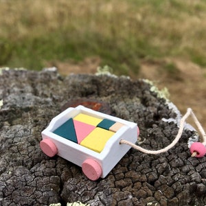 Miniature wagon cart - dollhouse nursery toys - 1/12 scale wooden blocks, pastel