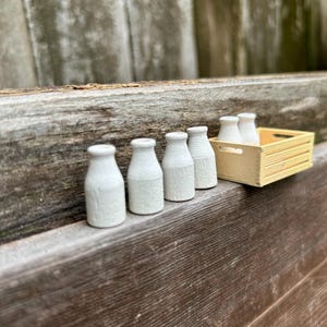 Grandma’s miniature traditional milk bottles set of 6 delivered in mini wooden crate ( 1/6th scale)