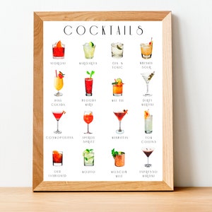 Cocktail Liste Aquarell Druck, Digitaldruck, Instant Download