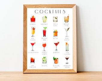 Cocktail List Watercolor Print, Digital Print, Instant Download